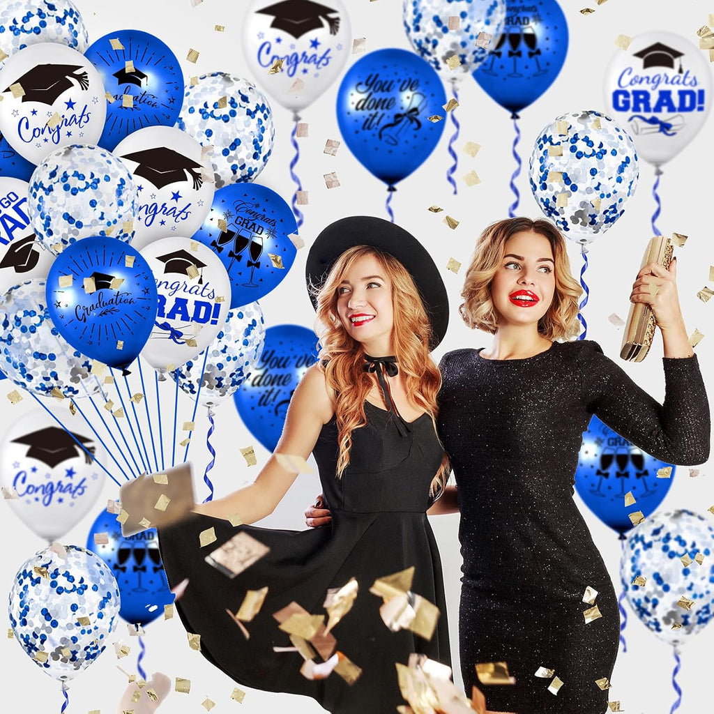 Whaline Graduation Party Balloon Set - 60 Pcs with Blue & White Confetti | 7 Unique Designs & Ribbons