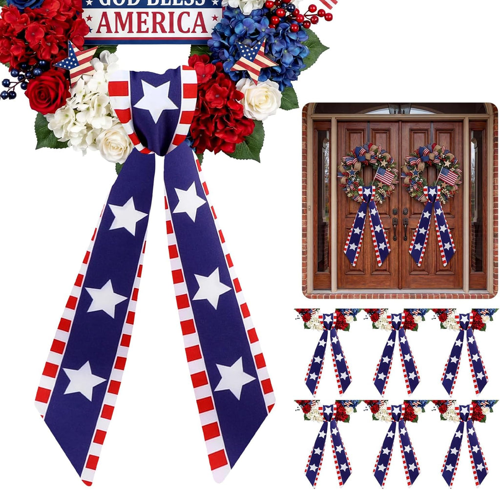 XunYee Patriotic Wreath Sashes - 6 Pcs Embroidered Decor for 4th of July & Memorial Day | Front Door Garland