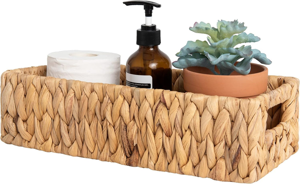StorageWorks Water Hyacinth Basket - Stylish Wicker Storage Solution with Handles | 14.25"L x 6.5"W x 3.75"H