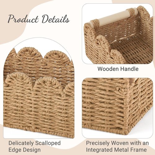 Dahey Toilet Paper Storage Basket - Woven Paper Rope with Scalloped Edge | 2 Pcs for Bathroom Organization