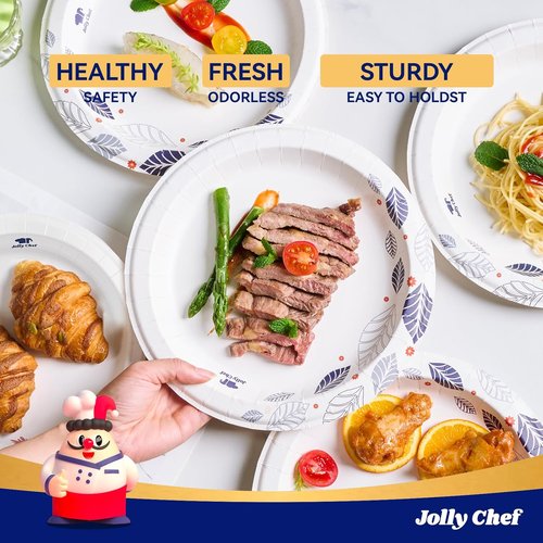JOLLY CHEF 10-Inch Heavy Duty Paper Plates - 140 Count, Soak Proof & Cut Proof for Everyday Use