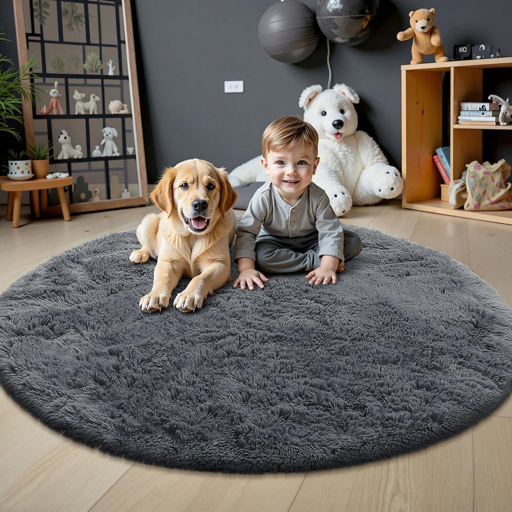 OLANLY Grey Round Area Rug - Soft, Fluffy, Machine Washable 6 ft Circle Carpet for Bedroom & Living Room Decor