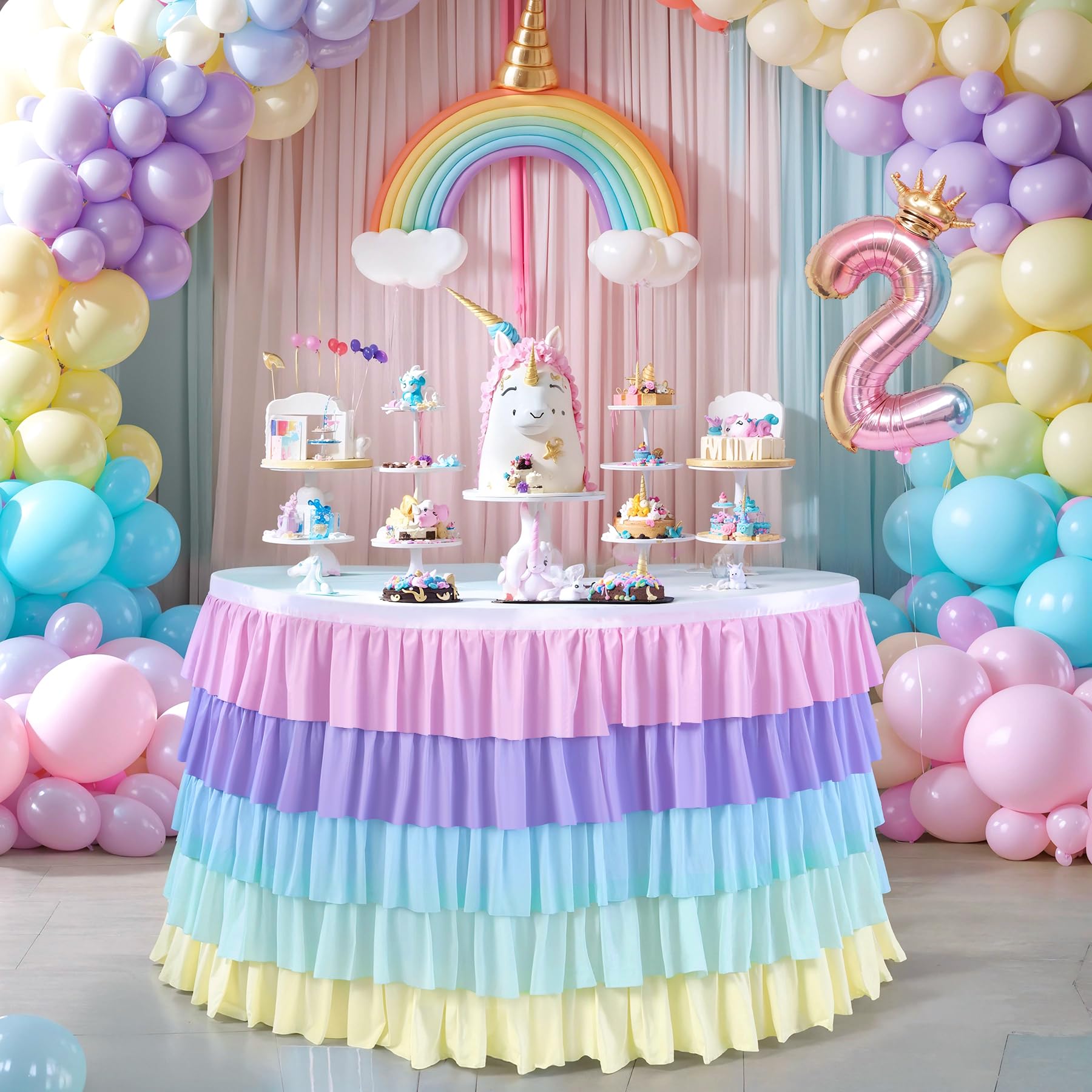 9ft Rainbow Tutu Tulle Table Skirt for Rectangle Round Tables Chiffon Table Cloth for Birthday Party Decorations Baby Shower Parties Ruffle Table Skirting