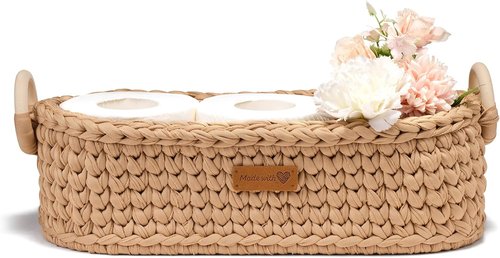 Handwoven Basket by [Brand Name] - Stylish Toilet Paper Storage with Wooden Base & Handles | Boho Modern Decor (Brown)