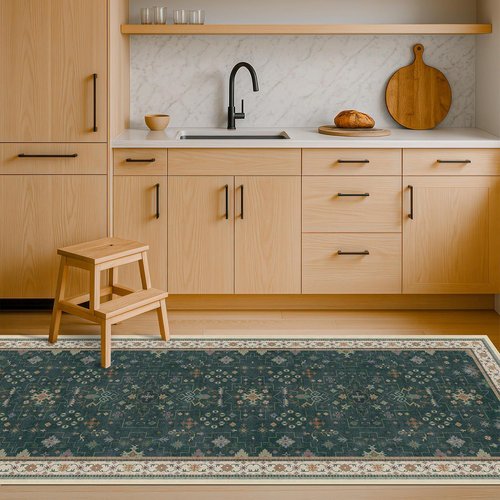 Hazo Haus Dark Green 2x8 Non-Slip Kitchen Runner Rug - Modern Vintage Boho Floral Design, Washable 8ft Long
