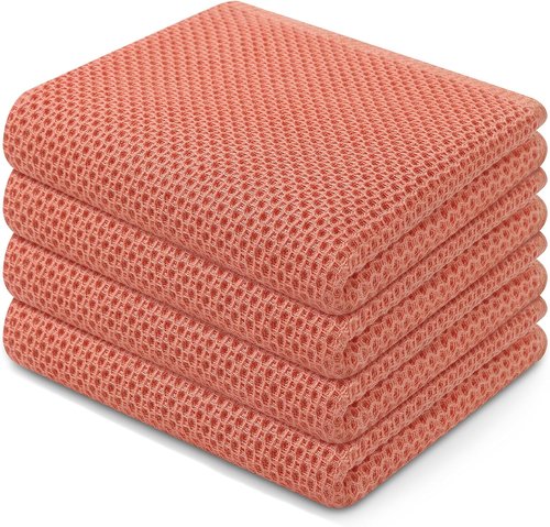 Homaxy 100% Cotton Waffle Weave Kitchen Dish Towels - Ultra Soft & Absorbent, 13 x 28 Inches, 4-Pack, Coral