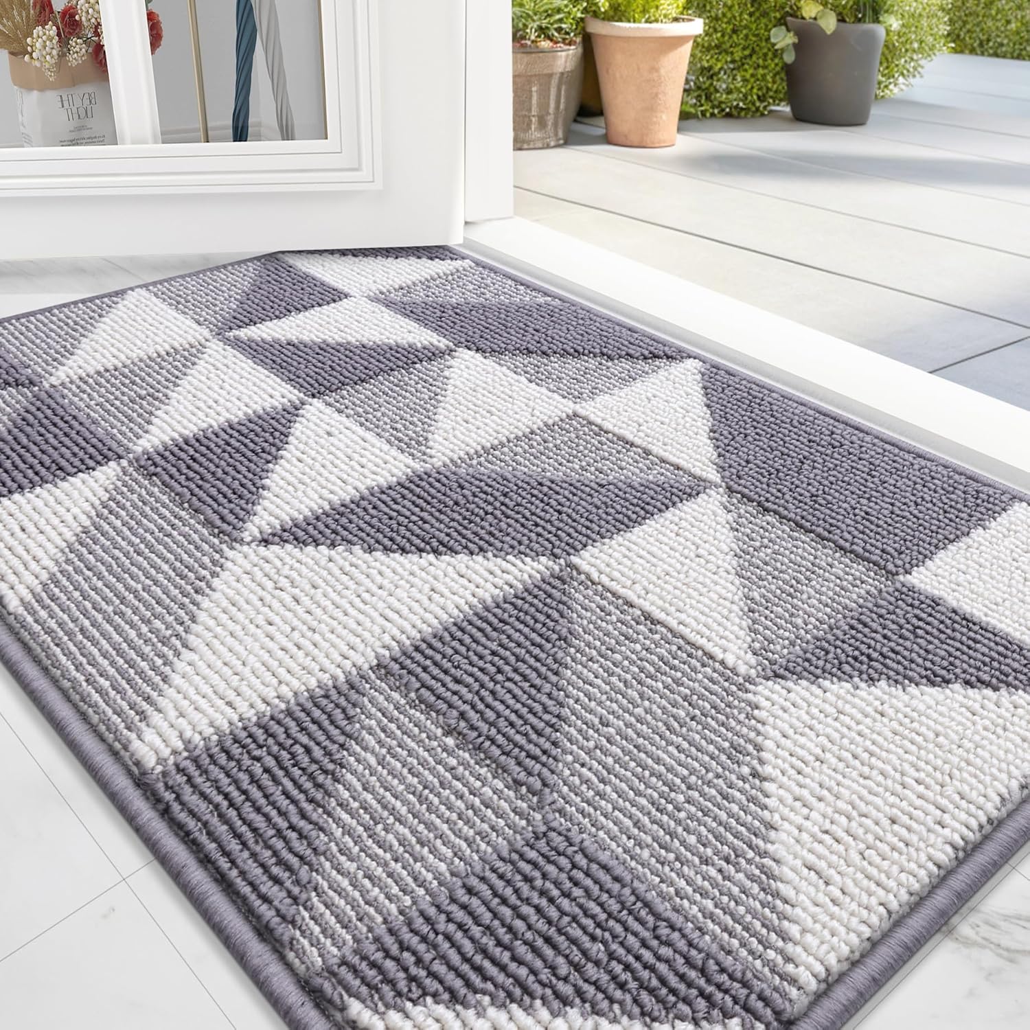 OLANLY Indoor Door Mat - Washable, Low-Profile Geometric Design | 32x20, Odor-Free & Absorbent Grey Entry Carpet