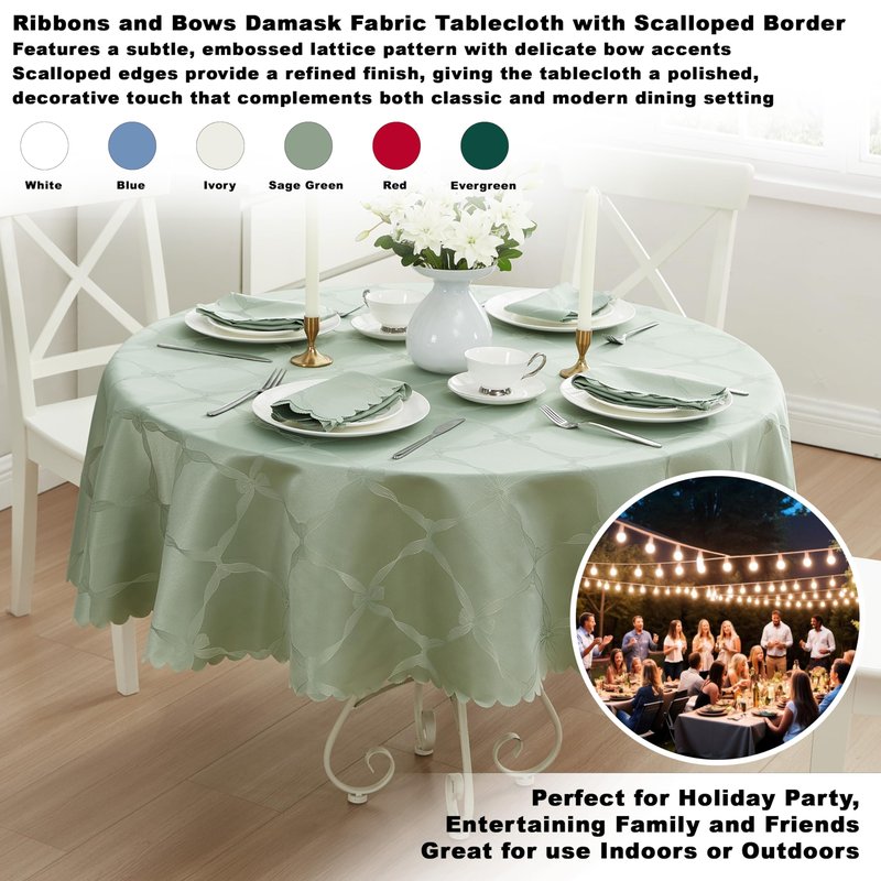 Newbridge Ribbons and Bows Damask Fabric Tablecloth, Sage Green, 70 Inch Round, Wrinkle & Stain Resistant Table Cover