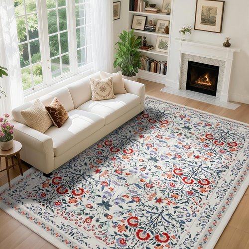 Area Rug Washable Rug Runner, 2X10 Hallway Runner Rugs for Bedroom Floral Boho Carpet Ultra-Thin Soft Kitchen Mats for Floor, Non-Slip Stain Rugs for Living Room, Entryway, Kitchen, Beige and Red
