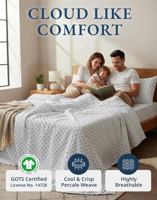 LANE LINEN 100% Organic Cotton Full Sheets Set - Soft, Comfy, Eco-Friendly Percale Bedding | Polka Dot Design