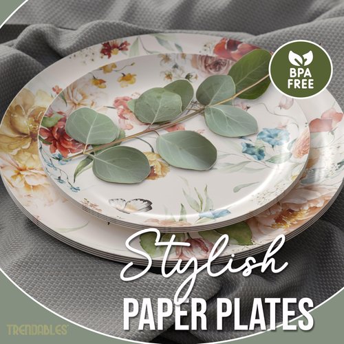 Trendables Floral Paper Plates 8.5 Inch & 10.5 Inch 80 Pcs Dinner Plate Set Fancy Disposable Plates for Party for 40 Guests 40 X 8 & 40 X 10 Large & Small Paper Plate Set for Parties Aviv
