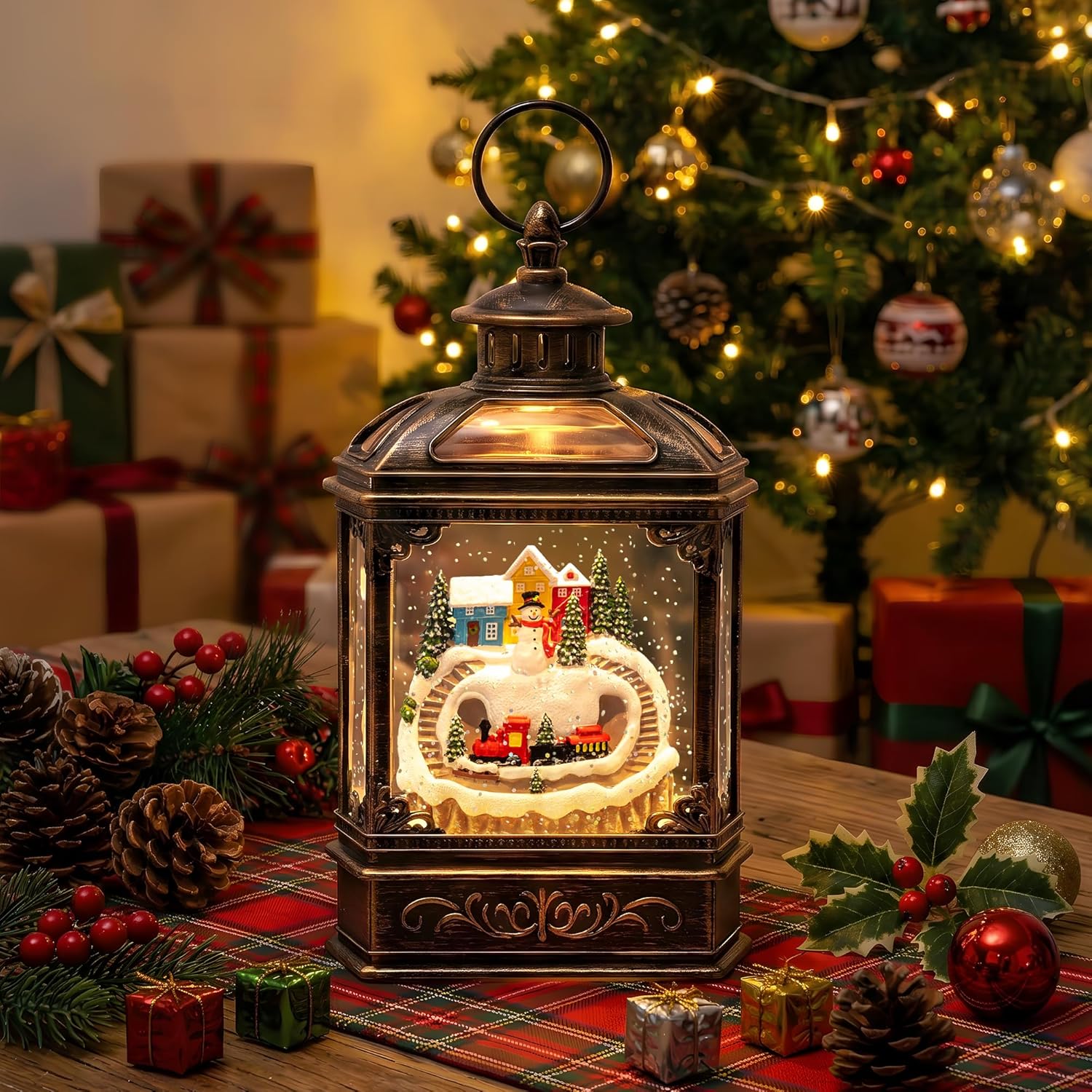 VISFLAIR Snow Globe Lantern - Musical Lighted Christmas Village with Snowman & Train | Battery Operated or USB Powered