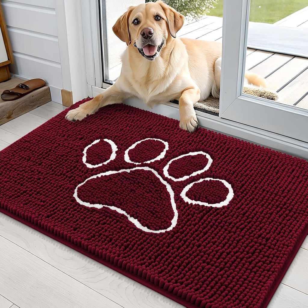 OLANLY Dog Door Mat - Absorbent Non-Slip Chenille for Muddy Paws | 36x24 Burgundy Paw Print Design