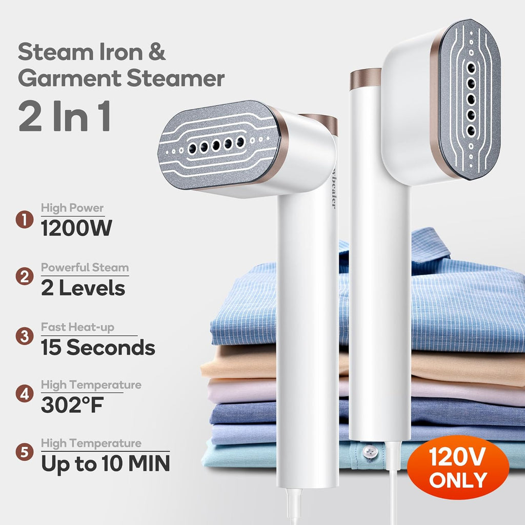 Newbealer Steamer for Clothes - 1200W Portable Steam Iron with 2 Steam Levels & Fast 15s Heat Up | Vertical & Horizontal Use