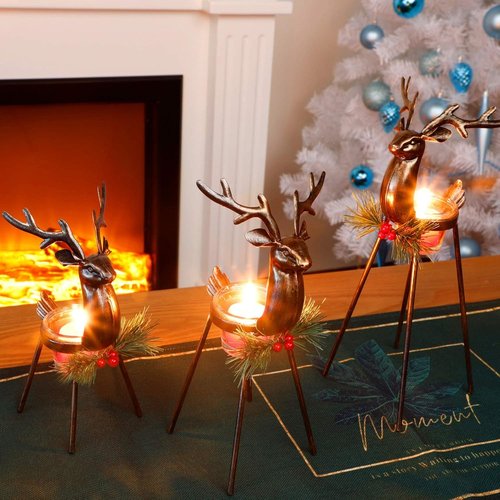 Juegoal Reindeer Tealight Candle Holders - Set of 3 Durable Iron Metal Christmas Decorations | Glass Votive Holders