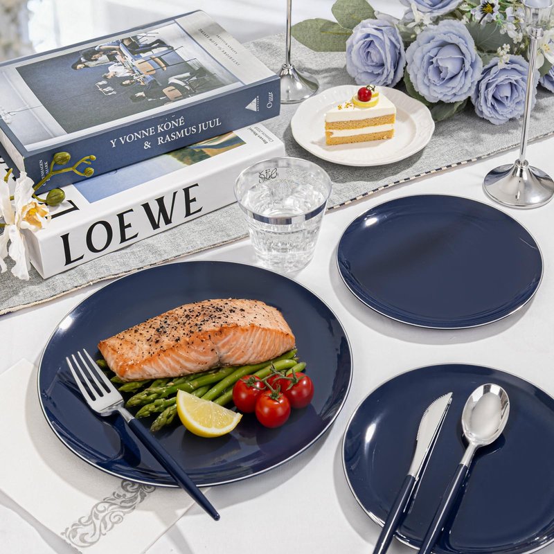 KIRE 175Pcs Blue Plastic Plates with Silver Rim & Disposable Silverware with Blue Handle & Silver-rim Cups & Hand Napkin & Plastic Dinnerware for Parties/Wedding/Graduation/Memorial Day