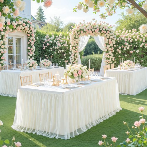 2 Pack 8ft Ivory Tulle Tablecloths for Rectangle Tables, 8 Foot Ivory Rectangular Table Cloth Wrinkle Free Tablecover with Tutu Skirt for Wedding Baby Shower Birthday Party Banquet Buffet Cake