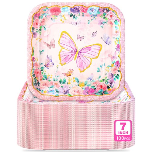 Potchen 100 Pcs Butterfly Dessert Plates Bulk 7 x 7 Inch Disposable Pink Butterfly Paper Plates Square Gold Foil Dessert Plates for Butterfly Spring Party Decor Supplies