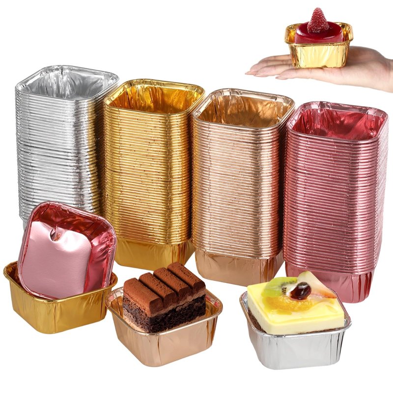 200 Pcs Aluminum Foil Cupcake Liners, Square Disposable Brownie Baking Cups, Mini Dessert Cups, Muffin Cheesecake Pans, Muffin Tin Ramekins Holders for Wedding, Party