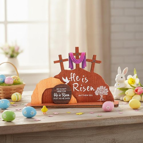 Alcarin Easter Decor - Wooden Resurrection Scene with Cross & Figurines | Christian Tabletop Decoration