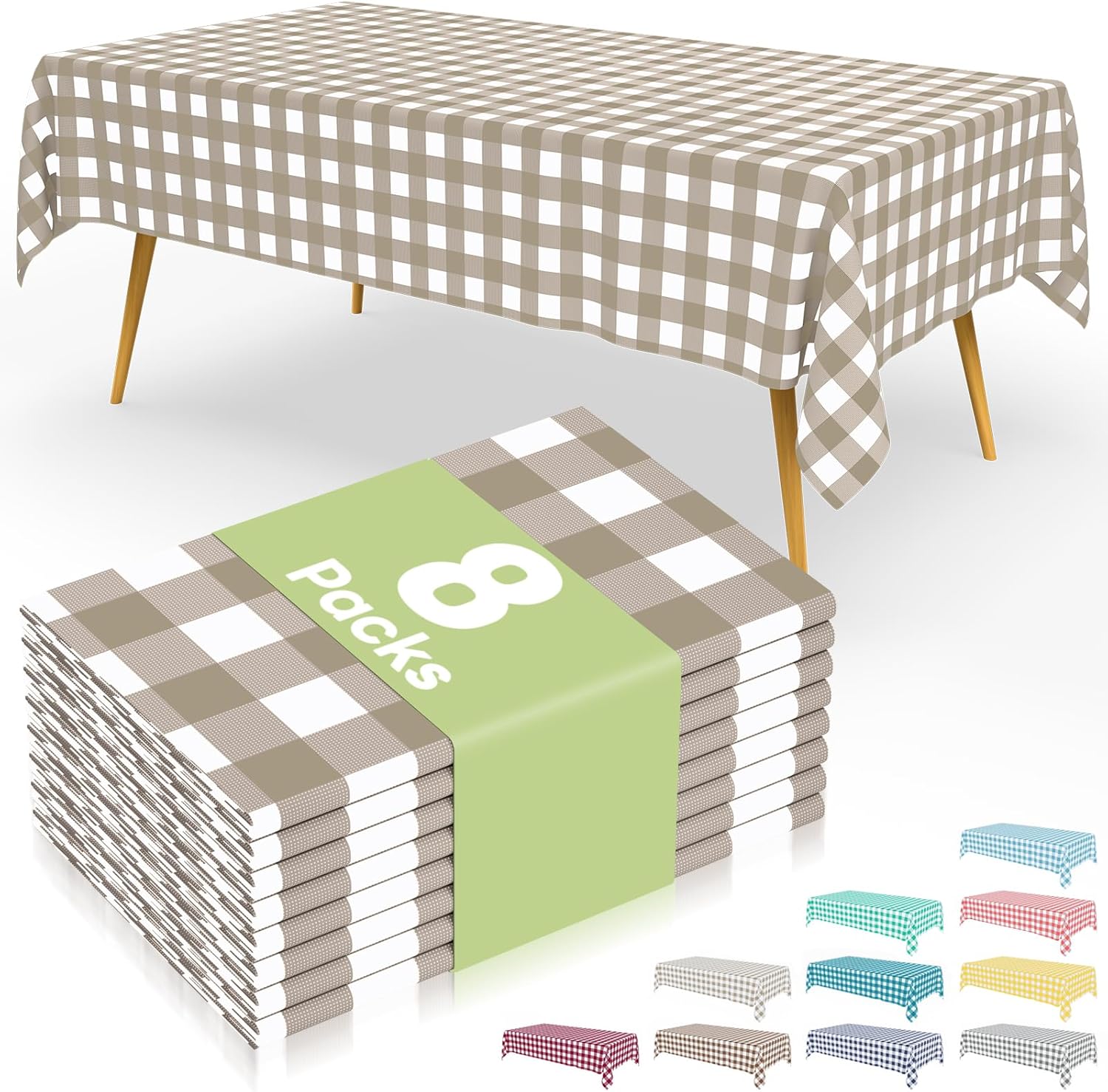 Smiry Gingham Disposable Tablecloths - Waterproof 54 x 108 Inch Khaki & White Checkered Covers for Parties & Outdoor Events