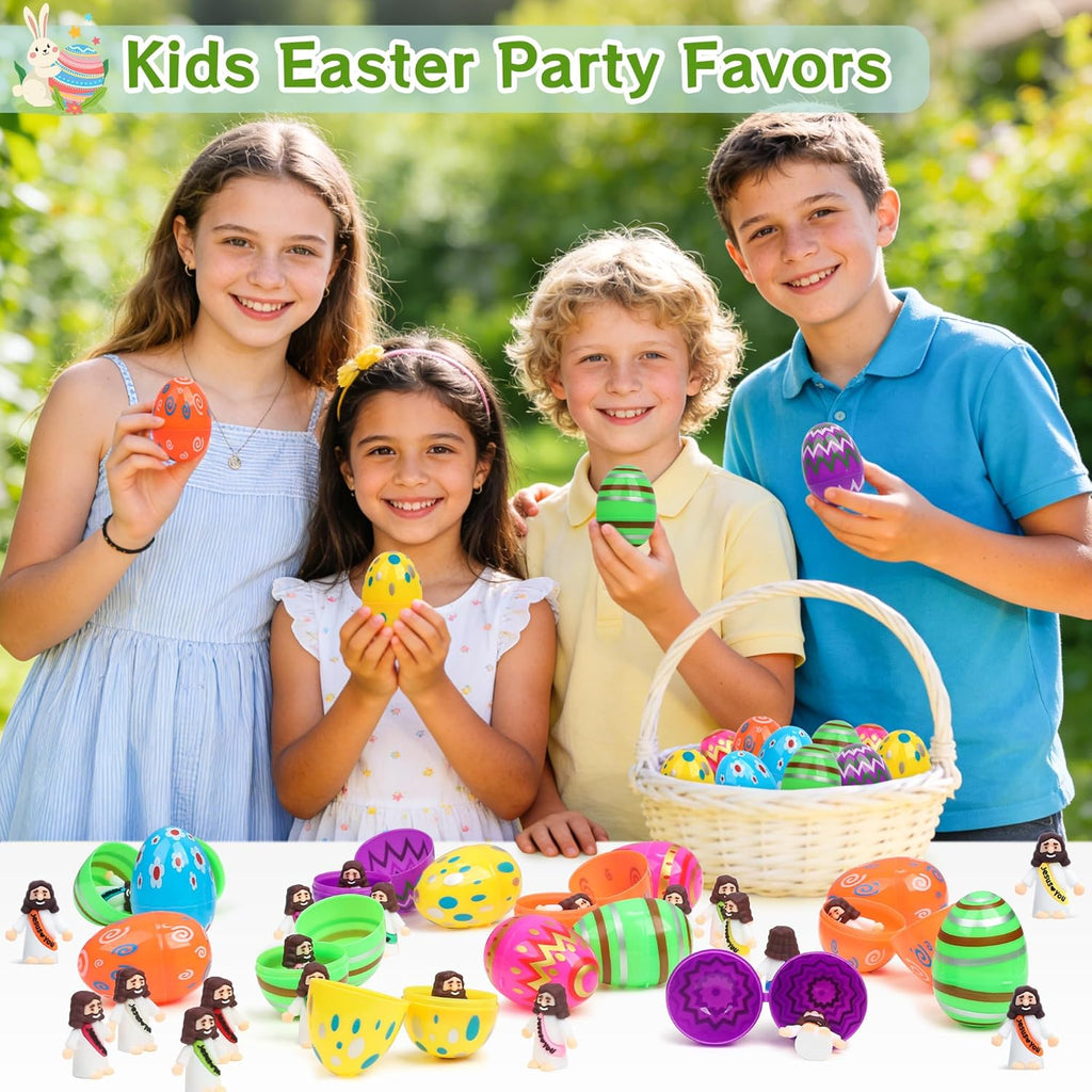 Regine Switzerland Easter Basket Stuffers - 60 PCS Colorful Eggs & Jesus Figurines for Kids' Parties