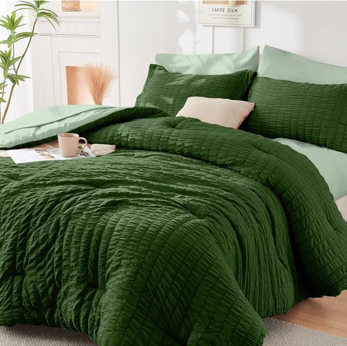 HYMOKEGE Full Size Comforter Set - Luxury 7-Piece Seersucker Bedding in Dark Green/Sage Green