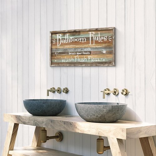 Framed Bathroom Wall Art - Rustic Bath Rules Sign | Funny Toilet Saying Decor for Home