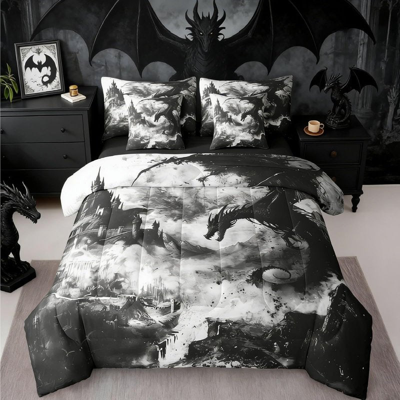 Erosebridal Gothic Dragon Bed in a Bag Queen Comforter Set 7 Piece,Black and White Vintage Fantasy Castle Bedding Sets Dark Sky Mythical Animal Sheet Set with Comforter
