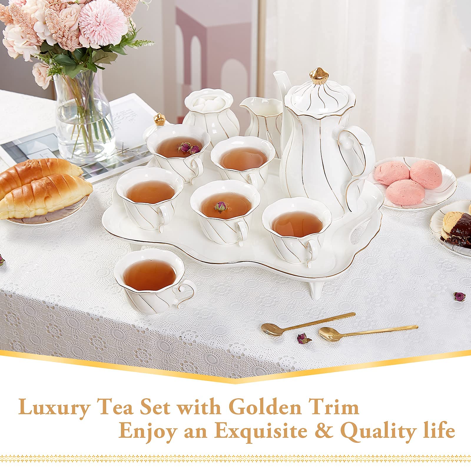 DUJUST 20 pcs Tea Set of 6 with Tea Tray & Spoons, Luxury British Style Tea/Coffee Cup Set with Golden Trim, Beautiful Porcelain Tea Set for Living Room Decor, Tea Party Set, Gift Package - White