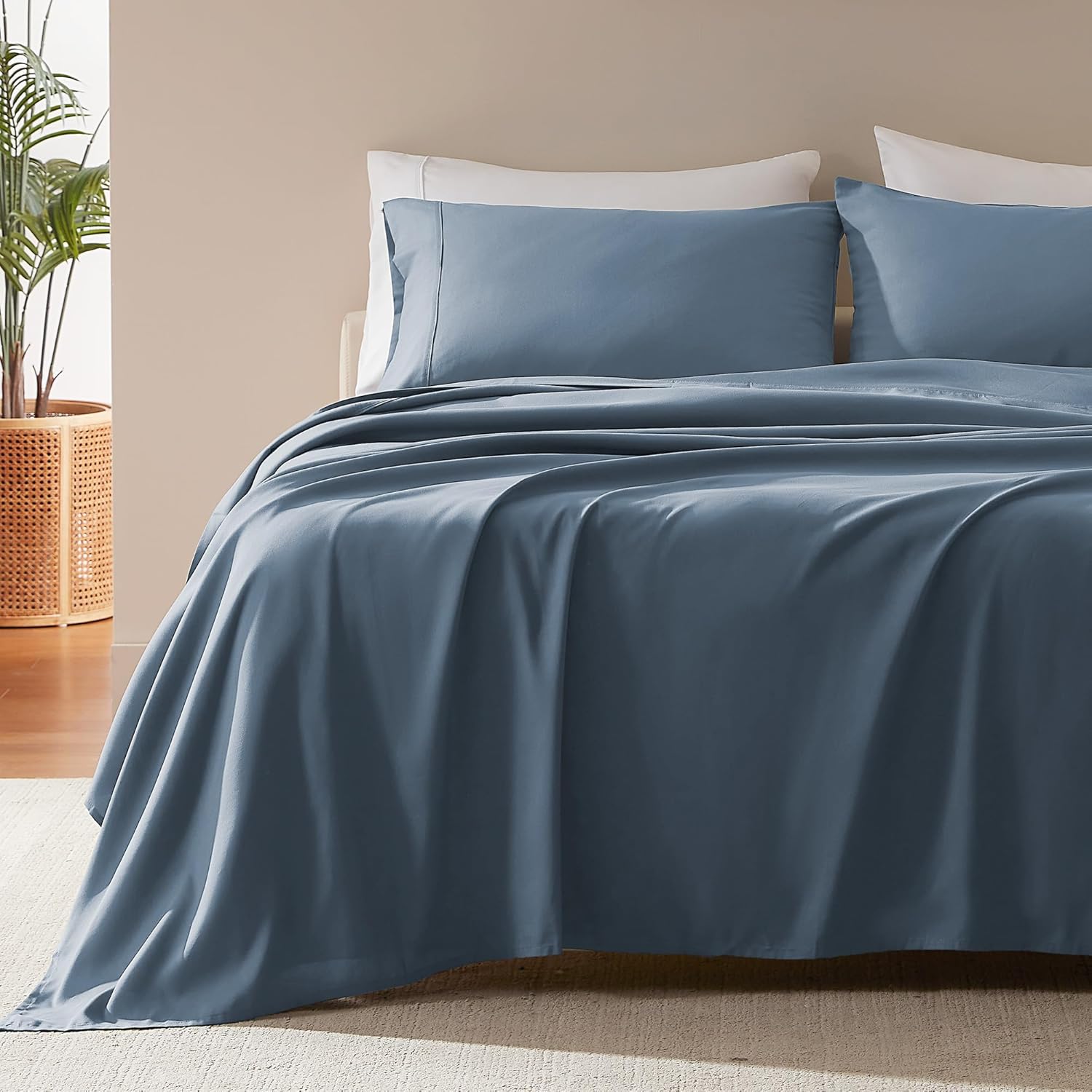Sleep Zone Queen Sheet Set - Soft, Breathable & Cooling 4-Piece Bed Sheets | Deep Pocket 16" (Flint Blue)