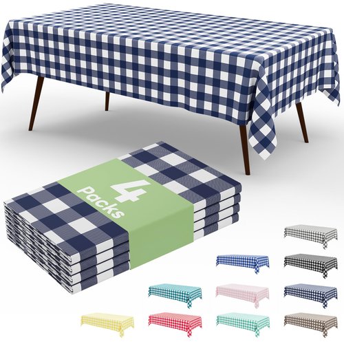 misaya 4 Packs Buffalo Disposable Table Cloth, 54 x 108 Inch Waterproof Plastic Tablecloth, Rectangle Navy and White Checkered Table Covers for Picnic, Birthday, Party