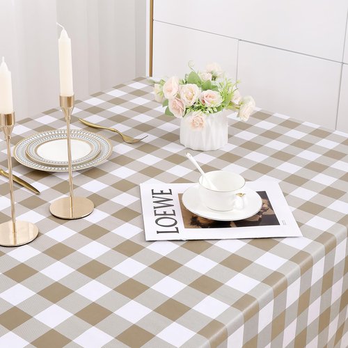 misaya Rectangle Waterproof Vinyl Table Cloth, Buffalo Flannel Backed Tablecloth, Wipeable Plastic Table Cover for Dinner, Cafe, Outdoor (60" x 120", Khaki and White)