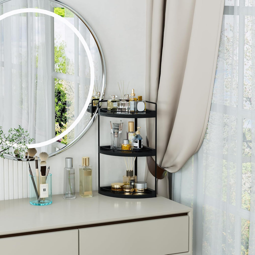 Skiennix Corner Bathroom Counter Organizer - 3-Tier Wood Vanity Shelf for Skincare & Makeup (Black)