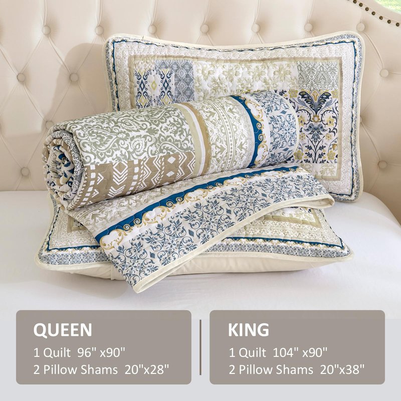 WONGS BEDDING Boho Quilt Set King, 3 Pieces Beige Patchwork Bedspread Coverlet Set,Soft Lightweight Microfiber Bohemian Floral Pattern Bedding Set with 2 Pillowcases for All Season (104"x 90")