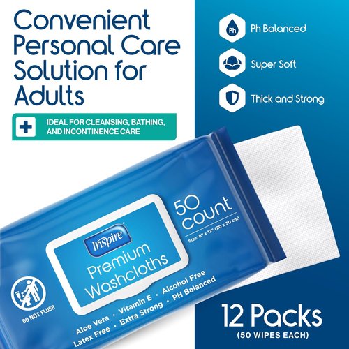 Inspire Adult Wet Wipes - Incontinence Cleansing Cloths for Elderly | 8"x12", 12 Packs of 50