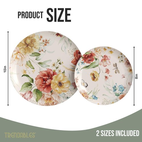 Trendables Floral Paper Plates 8.5 Inch & 10.5 Inch 80 Pcs Dinner Plate Set Fancy Disposable Plates for Party for 40 Guests 40 X 8 & 40 X 10 Large & Small Paper Plate Set for Parties Aviv