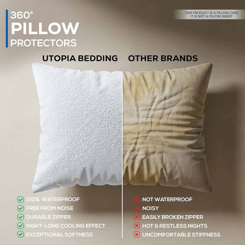 Utopia Bedding Waterproof Pillow Protectors - Set of 4 Standard Size, Zippered Terry Covers | Bed Bug & Dust Mite Proof