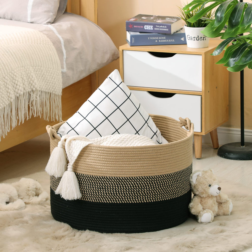 KAKAMAY Large Blanket Basket,Woven Rope Baskets for storage Baby Laundry Hamper, Cotton Rope Blanket Basket for Living Room, Laundry, Nursery, Pillows,Baby Toy chest (Jute/Black)