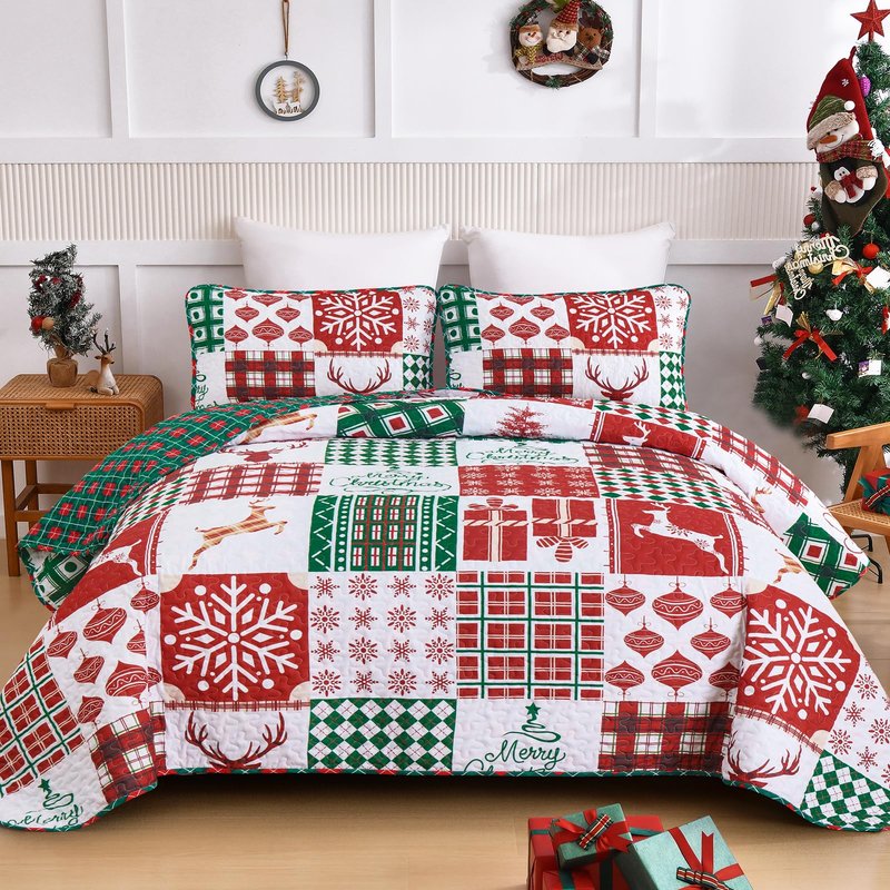 WONGS BEDDING Christmas Quilt Set Queen Size, Reversible Christmas 3-Piece Bedspread Set with Elk Snowflake Pattern, Soft and Lightweight Plaid Quilt Coverlet Bed Set for All Season(96"×90“)