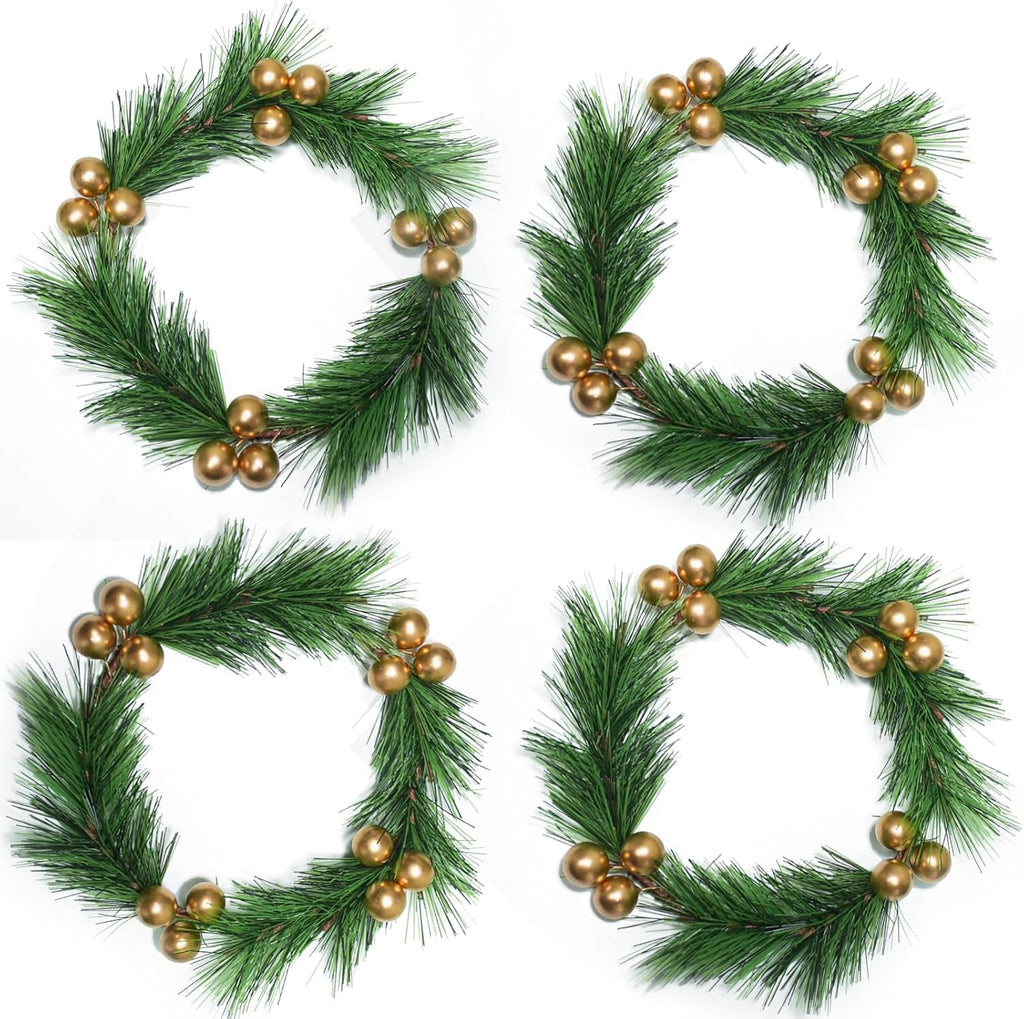 Skiennix Christmas Candle Rings - 4pcs Artificial Golden Berries & Greenery for Table Decor