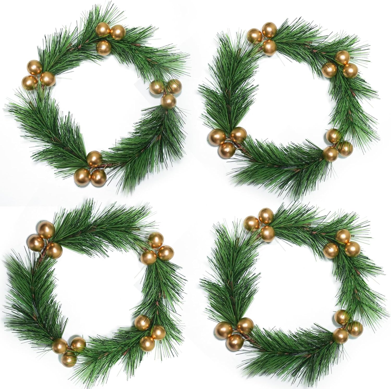 Skiennix Christmas Candle Rings - 4pcs Artificial Golden Berries & Greenery for Table Decor