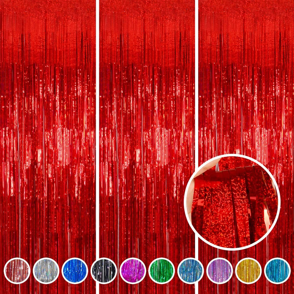 Red Foil Fringe Curtain - Shiny Tinsel Backdrop for Birthday Parties | 3 Pack, 3.2 x 8.2 ft
