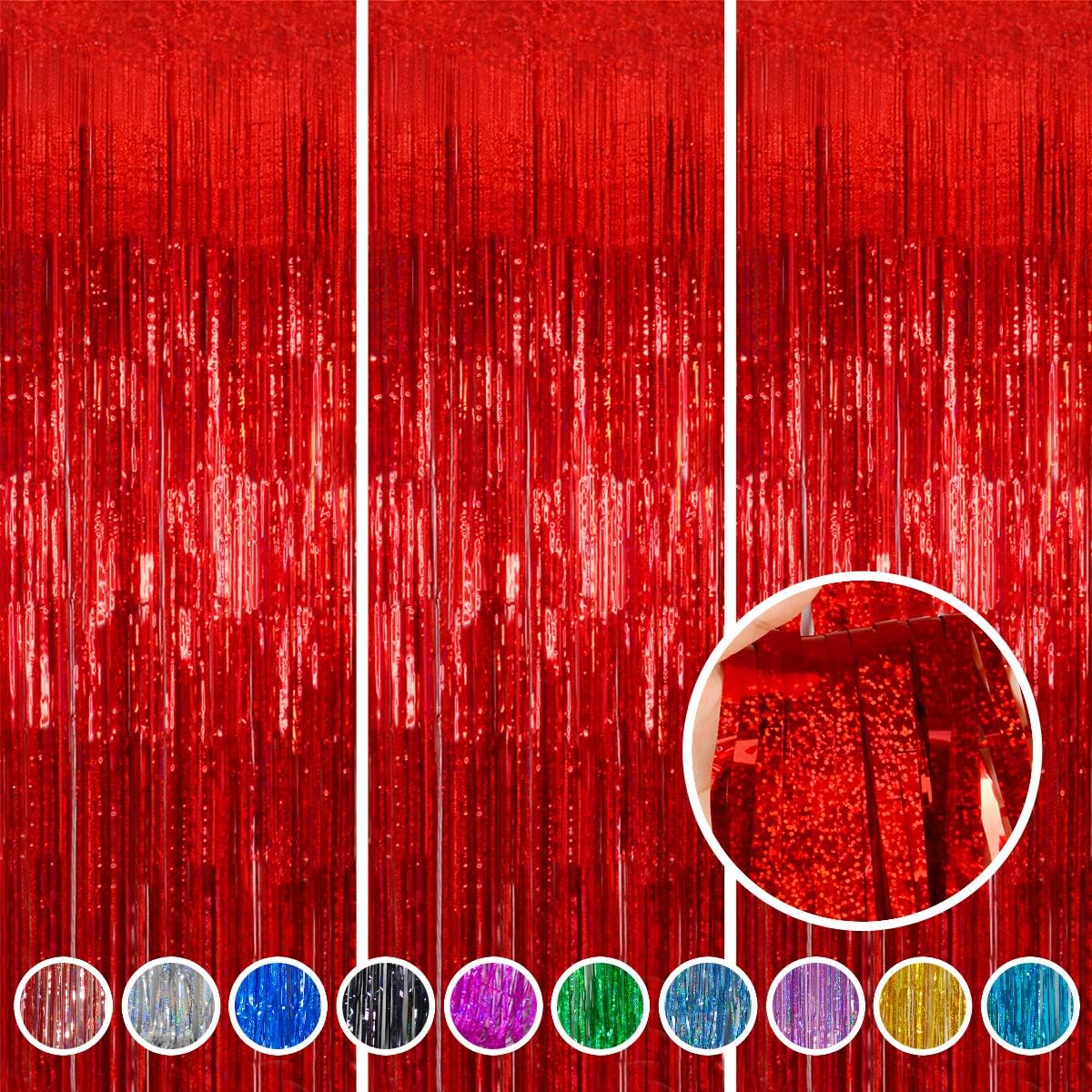 Red Foil Fringe Curtain - Shiny Tinsel Backdrop for Birthday Parties | 3 Pack, 3.2 x 8.2 ft