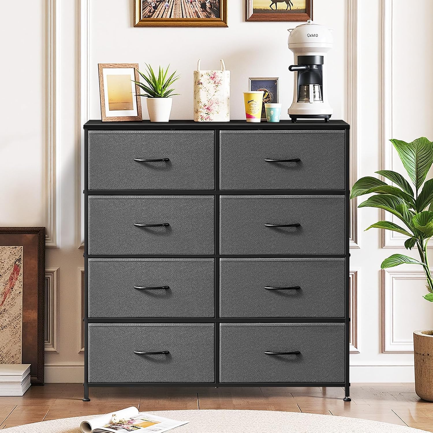 Regine Switzerland 8-Drawer Dresser - Anti-Tip Tall Storage Organizer with Wooden Top & Metal Frame - Gray
