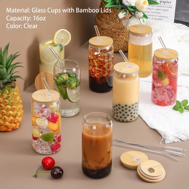 CWHHRN Glass Cups with Lid and Straw, 16oz Beer Glasses Coffee Cups, Iced Coffee Cups with Straw, Glass Tumbler (2 PACK)
