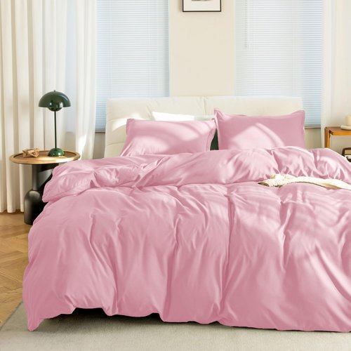 KINMEROOM Pink Duvet Cover King Size Set, 3 Pieces, 1 Soft Bedding Duvet Cover 104×90 Inches with Zipper Closure 8 Ties and 2 Pillow Shams for King Size Bed (Pink, King)