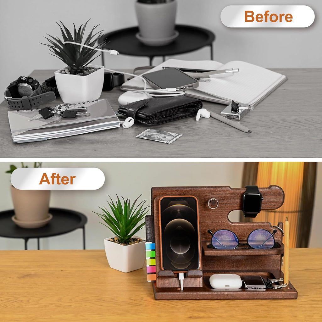 TESLYAR Wood Phone Docking Station - Stylish Desk Organizer for Men | Key Holder & Essentials (Bourbon Brown)