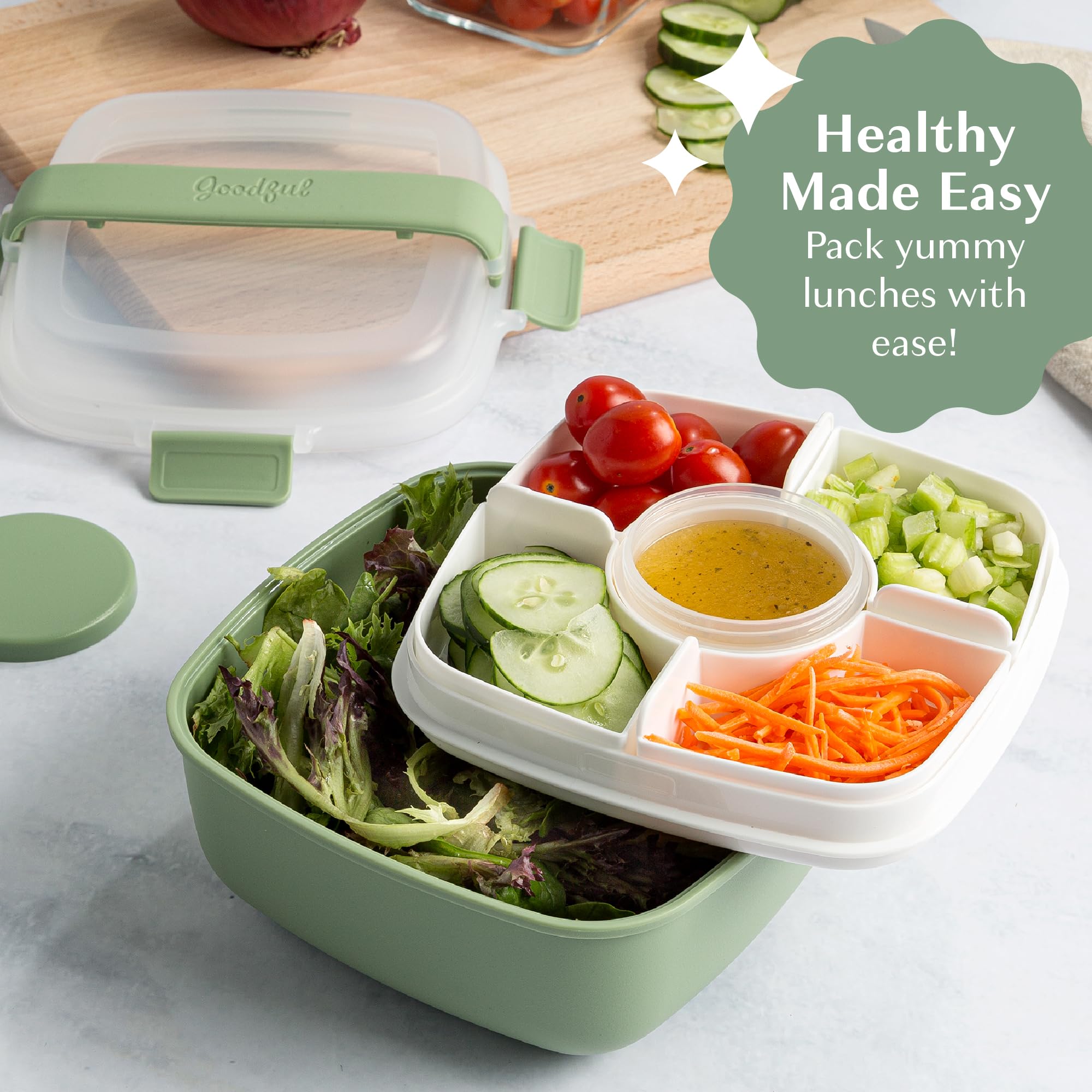Goodful Stackable Lunch Box Container, Bento Style Food Storage with Removeable Compartments for Sandwich, Snacks, Toppings & Dressing, Leak-Proof and Made without BPA, 56-Ounce, Sage