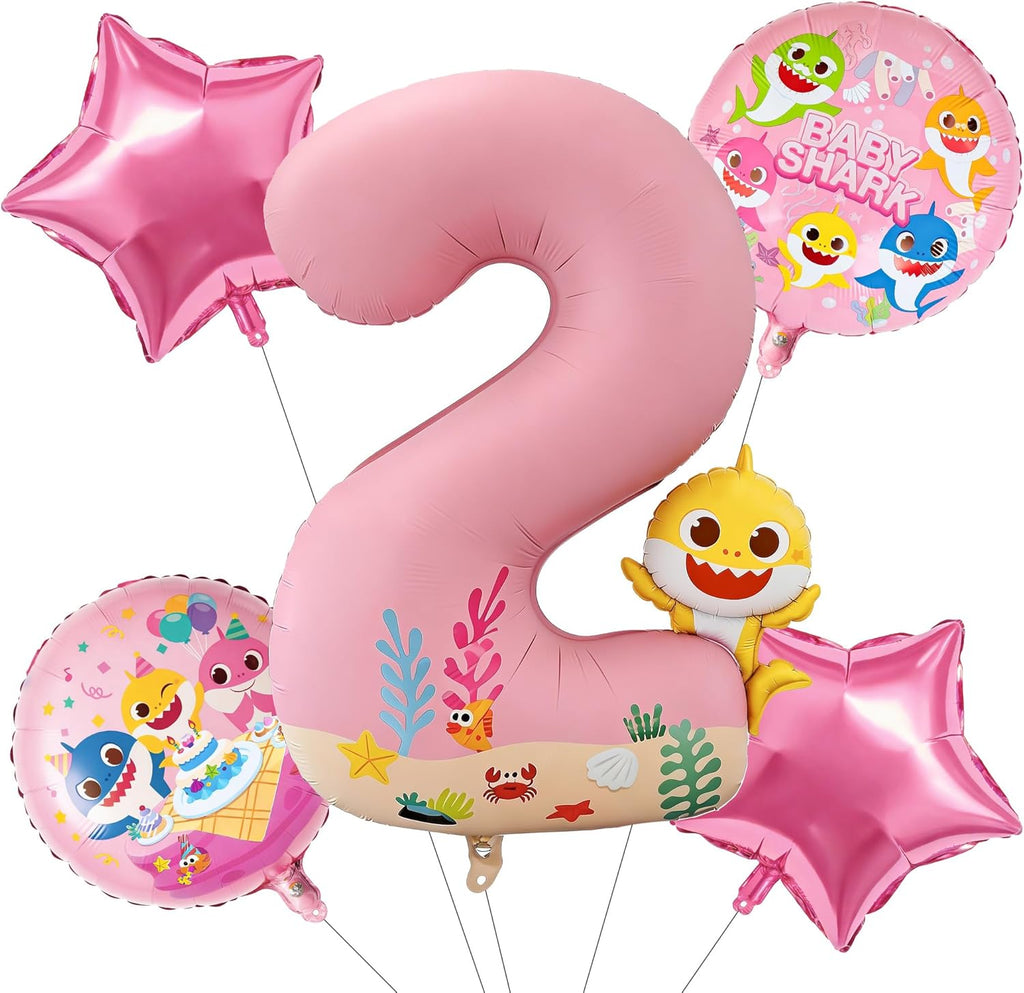 PartyWoo Baby Shark Pink Foil Number 2 Balloon - 5pcs 18-Inch Mylar Helium Birthday Decorations for Kids